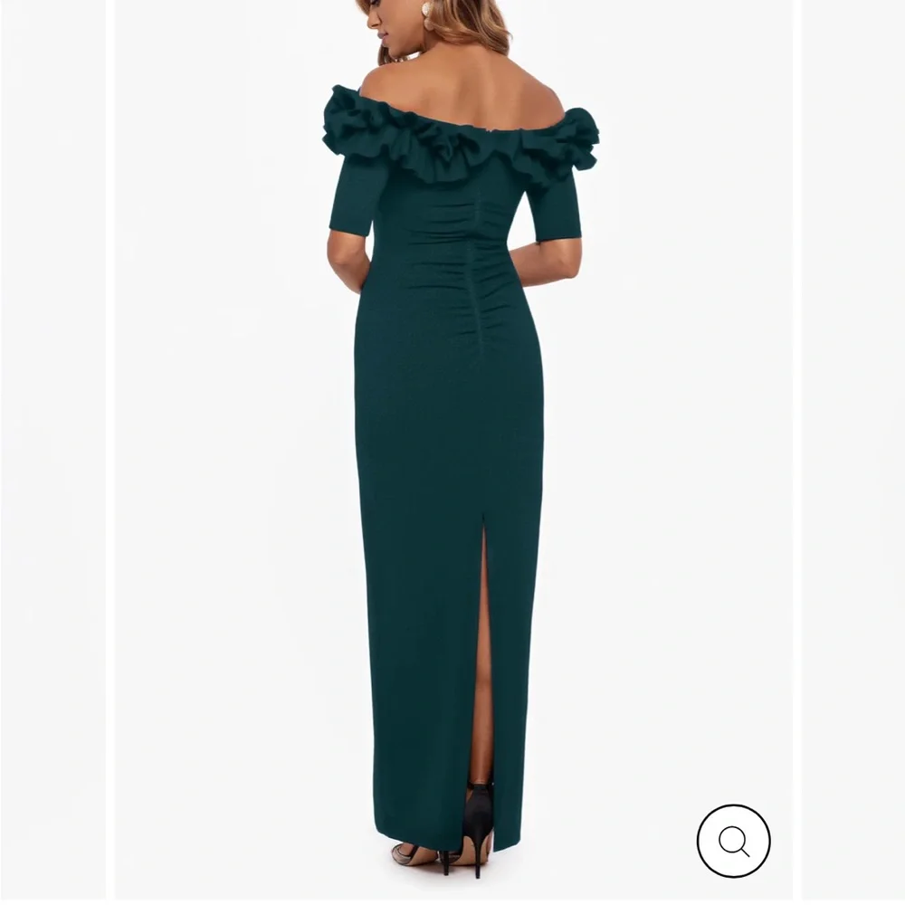 Xscape ISLA" LONG CREPE OFF THE SHOULDER RUFFLE DRESS NWT size 12 - Picture 2 of 4